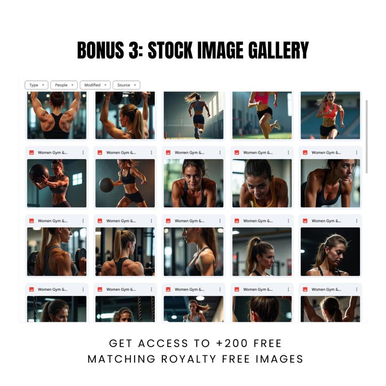 Gallery of female strength training stock photos included as a bonus for fitness coaches to use in their branding and marketing.