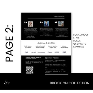 Page 2 of this media kit has your testimonials and social proof, company logos and key stats, plus a QR code to link examples of your work.