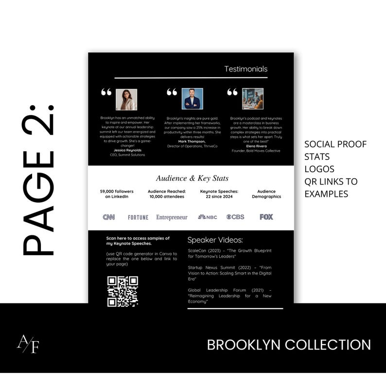 Page 2 of this media kit has your testimonials and social proof, company logos and key stats, plus a QR code to link examples of your work.