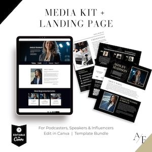Può includere: Un pacchetto di modelli di kit multimediale digitale e pagina di destinazione. Il design presenta un tablet che mostra un layout di sito Web e diversi documenti in bianco e nero. Il testo include "Media Kit + Landing Page" e "Ashley Madison".
