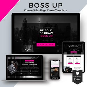 Può includere: Un modello di marketing digitale con il testo "BOSS UP" e "Course Sales Page Canva Template". Il design presenta un paesaggio urbano, un laptop, un tablet e uno smartphone, che mostrano tutti i layout delle pagine di vendita dei corsi.
