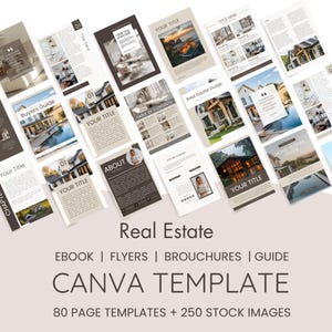 May include: A collection of 80 Canva templates for real estate agents, featuring a variety of layouts and designs. The templates include a buyers guide, a real estate guide, a table of contents, and an about section. The templates are designed to be used for creating ebooks, flyers, brochures, and guides. The templates also include 250 stock images.