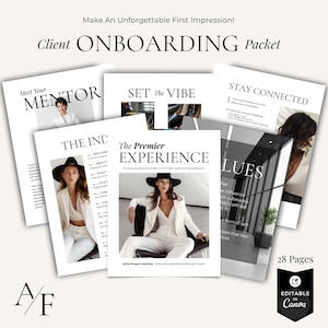 Peut inclure: Plusieurs modèles de pack d'intégration client blancs avec le texte "Client ONBOARDING Packet". Les modèles incluent le texte "Meet Your Mentor", "Set The Vibe", "Stay Connected", "The IND", et "The Premier Experience". Le pack est modifiable dans Canva.