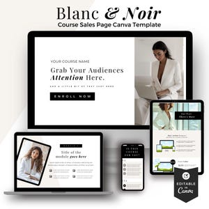 Puede incluir: Una plantilla de página de ventas de curso de marketing digital con un esquema de color blanco y negro. La plantilla presenta una computadora portátil, una tableta y un teléfono inteligente, cada uno mostrando diferentes secciones del curso. El texto en la computadora portátil dice "Grab Your Audiences Attention Here." y "Enroll Now". El texto en la tableta dice "But Wait There's More". El texto en el teléfono inteligente dice "Is This Course For You?" e incluye una lista de verificación con las opciones "Sí" y "No".