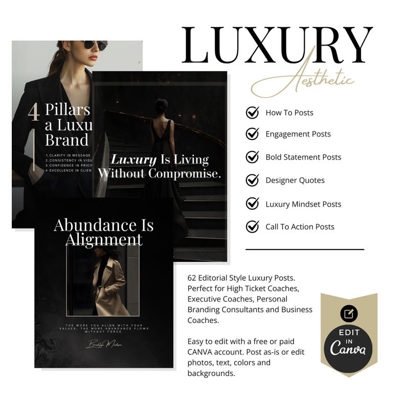 Dark Luxury Social Media Templates | 62 Canva Posts for Coaches - Etsy