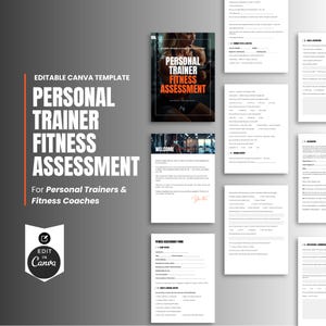 May include: A fitness assessment template for personal trainers and fitness coaches. The design includes a cover page with the text "Personal Trainer Fitness Assessment" and a photo of a person working out. Additional pages are included.