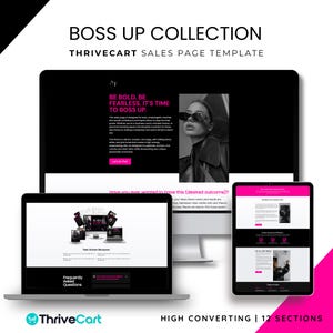 May include: A digital sales page template titled "BOSS UP COLLECTION" displayed on a laptop, desktop, and tablet. The design features a black and pink color scheme with the text "BE BOLD. BE FEARLESS. IT'S TIME TO BOSS UP."
