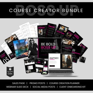 Op de afbeelding: Een bundel digitale marketingmaterialen, waaronder een laptop, tablets en gedrukte documenten. De tekst bevat "COURSE CREATOR BUNDLE", "BE BOLD BOSS UP" en diverse andere koppen. Het kleurenschema is zwart, wit en roze.