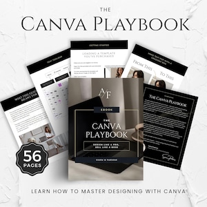 以下が含まれることがあります： 「Design Like a Pro, Sell Like a Boss」のテキストが入ったThe Canva Playbookの電子書籍が、いくつかの開いたページとともに表示されています。画像には「56ページ」と「Learn How to Master Designing with Canva」の文字が含まれています。