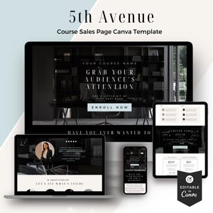 Pode incluir: Modelo Canva de página de vendas de cursos digitais "5th Avenue". O design apresenta um computador desktop, tablet, laptop e smartphone exibindo o conteúdo do curso. O modelo inclui o texto "Atraia a atenção do seu público" e "Inscreva-se agora".