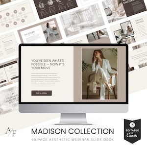 May include: A computer monitor displays a webinar slide deck. The screen shows a woman in a white suit, and text that reads "YOU'VE SEEN WHAT'S POSSIBLE - NOW IT'S YOUR MOVE." The slide deck is titled "MADISON COLLECTION".