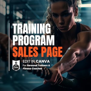 Mall för personlig tränare Canva-försäljningssidor för fitnesscoacher och styrketräningsprogram