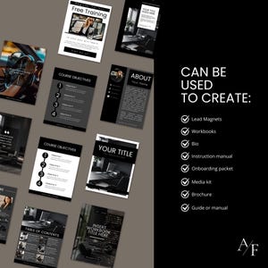 The template includes both black & white styles, mix and match designs and use what you want for your project. This template is great for lead magnets, e books, workbooks, brochures, manuals, packets and guides.