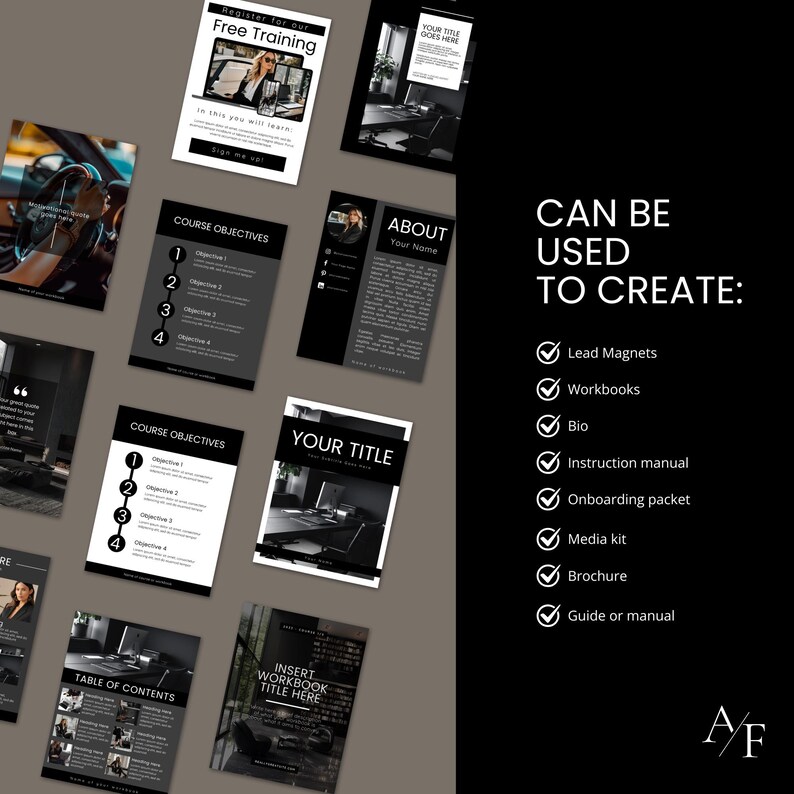 The template includes both black & white styles, mix and match designs and use what you want for your project. This template is great for lead magnets, e books, workbooks, brochures, manuals, packets and guides.