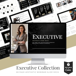 May include: A computer monitor displays a presentation slide deck titled "EXECUTIVE" with a woman in a blazer. The slide deck is part of the "Executive Collection" and is described as a 60-page aesthetic webinar slide deck. Additional slides are visible in the background.