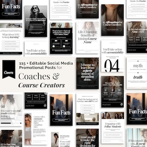 以下が含まれることがあります： コーチやコース作成者向けのソーシャルメディア投稿テンプレート16個のコラージュ。テンプレートには、「楽しい事実」、「コース受講者向けの10の肯定的な言葉」、「コース名への参加による人生を変えるメリット」、「あなたは責任を持って行動するでしょう」、「一人で苦労するのではなく、専門家から学びます」、「新しいスキルを学ぶ上で最も難しい部分は？」、「仲間の学生との交流」、「もしこれがあなたに当てはまるなら、コース名はこれです」、「神話」、「真実」、「04」、「Canva」、「コーチとコース作成者向けの115以上の編集可能なソーシャルメディアプロモーション投稿」などのテキストが書かれた白黒のグラフィックが使用されています。