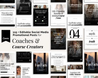 Plantillas de redes sociales de Canva para coaches y creadores de cursos / 110 publicaciones promocionales / Plantillas de marketing para coaches de negocios y liderazgo