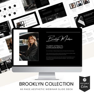 May include: A computer monitor displays a black and white presentation titled "Brooklyn Collection." The presentation includes slides with text and images, including a photo of a woman. The bottom of the screen reads "60 Page Aesthetic Webinar Slide Deck."