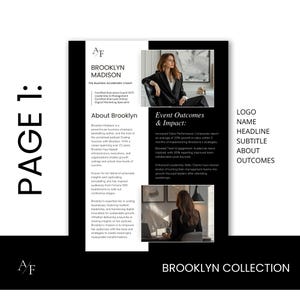 This media kit has 3 pages. This is a look at the first page which has your logo, name, tagline, headline, about section and results/outcomes.