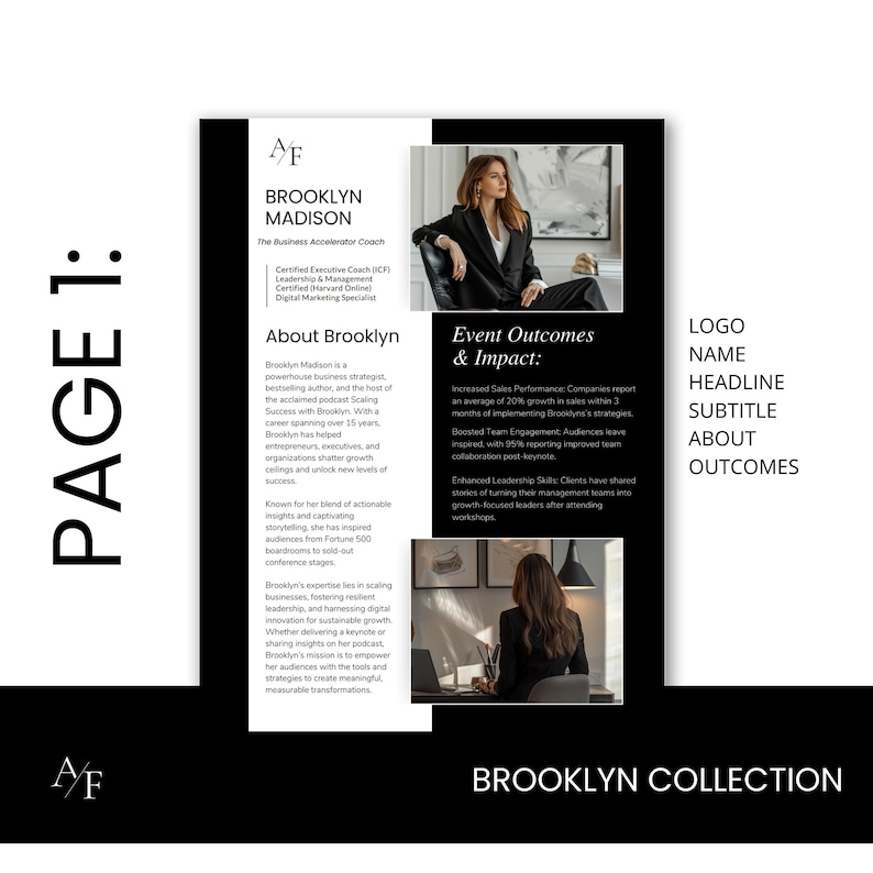 This media kit has 3 pages. This is a look at the first page which has your logo, name, tagline, headline, about section and results/outcomes.