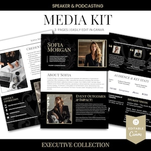 Può includere: Un modello di media kit in bianco e nero per relatori e podcaster. Il kit include tre pagine, facilmente modificabili in Canva. Il design presenta il nome "Sofia Morgan" e sezioni per le informazioni di contatto.