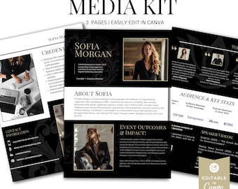 Puede incluir: Una plantilla de kit de medios en blanco y negro para oradores y podcasters. El kit incluye tres páginas, fácilmente editables en Canva. El diseño presenta el nombre "Sofia Morgan" y secciones para información de contacto.