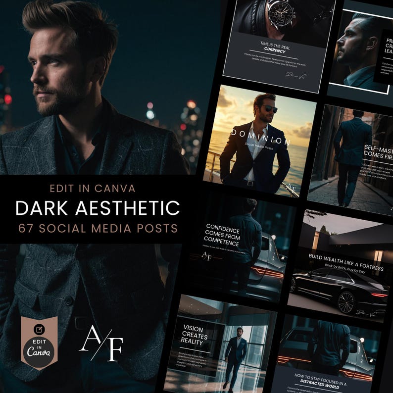Dominion dark aesthetic Canva social media templates for coaches – luxury masculine branding posts preview