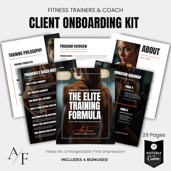 Personal Trainer Client Onboarding Kit Canva Template | 29 Page Fitness Coach Welcome Guide