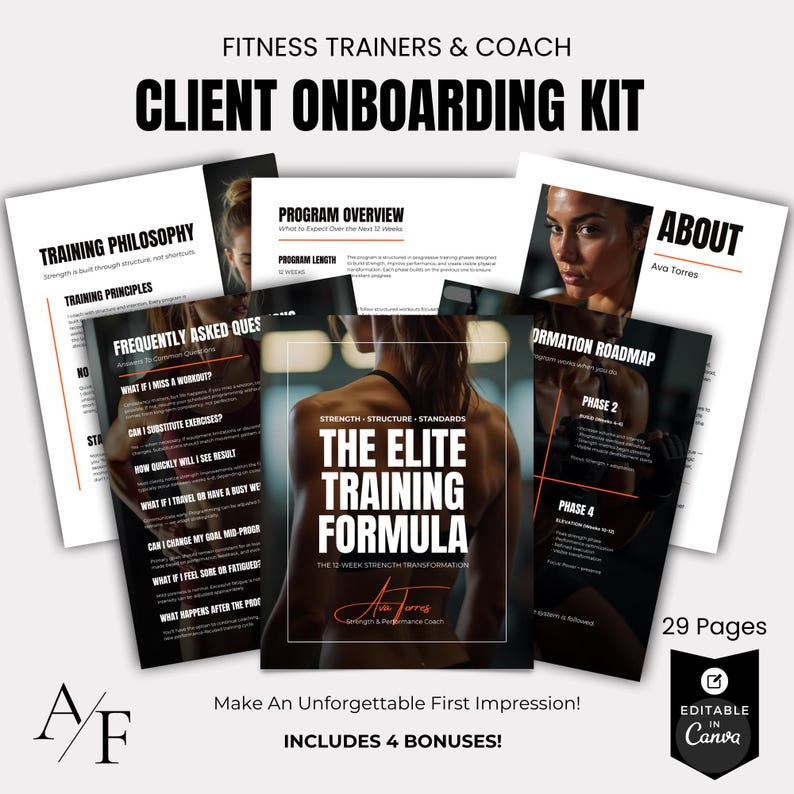 Mockup of a fitness trainer client onboarding kit showing multiple dark aesthetic document pages for a strength training coaching program.