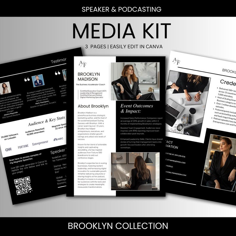 The Brooklyn Dark Aesthetic Media Kit is perfect for coaches, speakers, influencers and podcasters that value a polished brand and want to make an impression.
