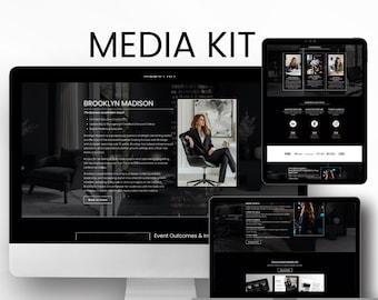 Op de afbeelding: Een zwart-witte media kit-landingspagina met de tekst "SPEAKER | PODCASTER | INFLUENCER" en "MEDIA KIT" bovenaan. De pagina toont een foto van een vrouw die op een stoel zit en de tekst "BROOKLYN MADISON" en "The Business Acceleration Coach". De pagina bevat ook een zwart-witte PDF-sjabloon met de tekst "Download Media Kit".