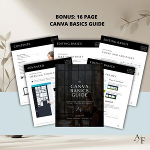 Op de afbeelding: Een 16-pagina's tellende gids met de titel "The Canva Basics Guide" met de tekst "Alles wat je moet weten om aan de slag te gaan met Canva" en een gids van Simon Parsons | Mindset AF. De gids behandelt onderwerpen als basisbewerkingen, een tekst-snelgids, klonen en toevoegen van pagina's, frames en het samenvoegen van sjablonen.