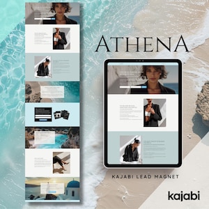 Peut inclure: Mise en page de marketing numérique sur une tablette et un téléphone, avec le mot "ATHENA" en grande police noire. La tablette affiche un site Web avec une femme en blazer noir. Le logo Kajabi Lead Magnet est visible.