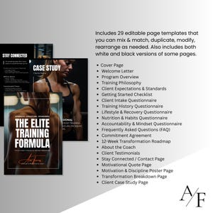 Preview showing the list of 29 pages included in a fitness coach client onboarding kit with document mockups.