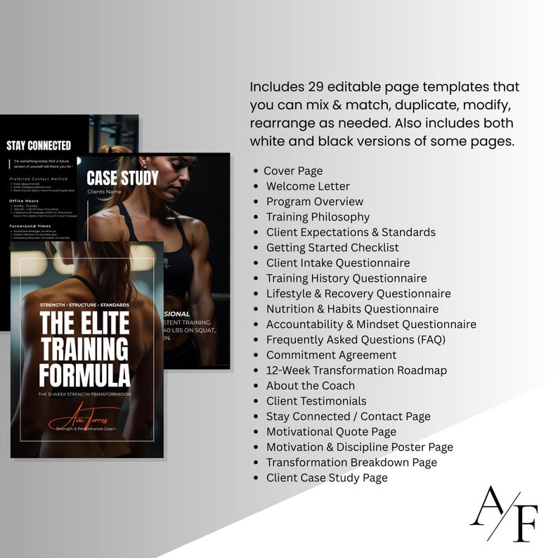 Preview showing the list of 29 pages included in a fitness coach client onboarding kit with document mockups.