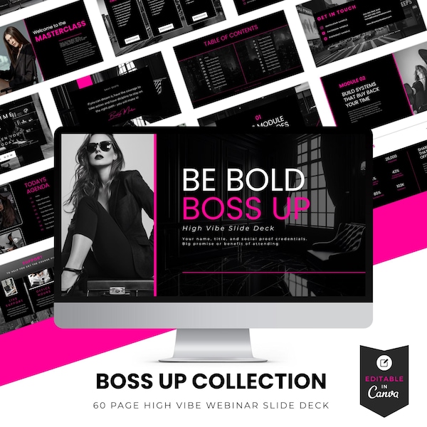 Boss Up Webinar Slide Deck: 60 Canva Presentation Slides for Coaches & Female Entrepreneurs