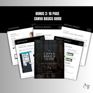 Mockup of the Canva Basics Guide PDF showing editing tutorials and design tips for using Canva templates.