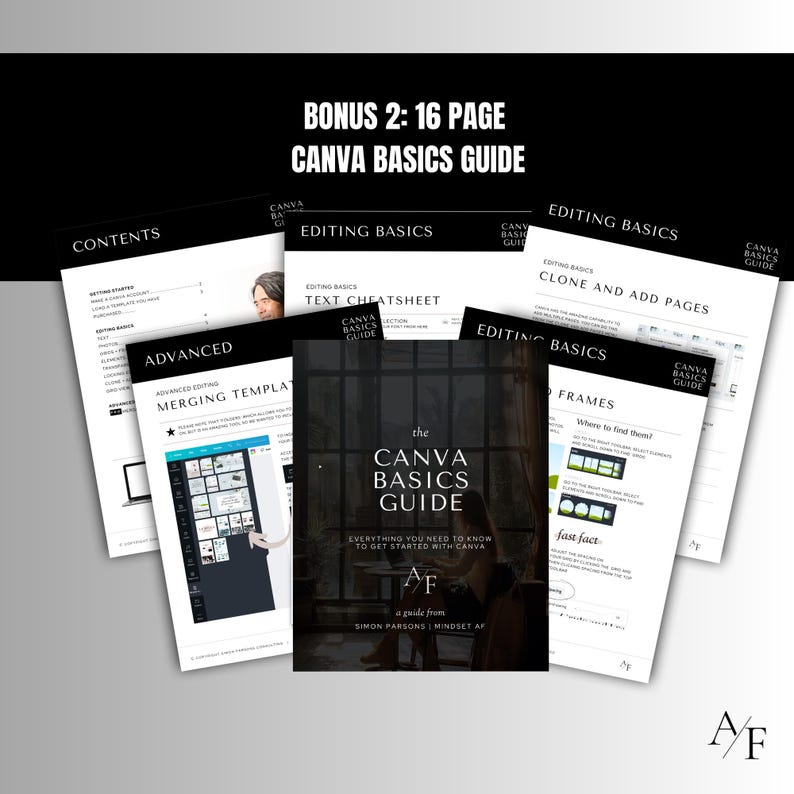 Mockup of the Canva Basics Guide PDF showing editing tutorials and design tips for using Canva templates.