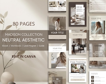 Canva e-boeksjabloon, werkboek van 80 pagina's, neutraal ontwerp (digitale download)