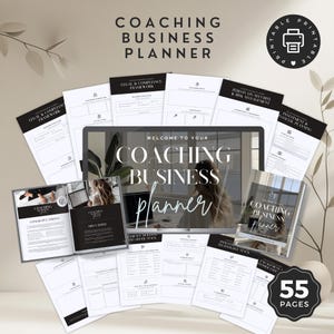 May include: A printable coaching business planner with 55 pages. The planner includes sections for legal and compliance, marketing, and financial planning. The cover features a laptop with the text "Welcome to your Coaching Business Planner".