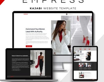 May include: A website template for online businesses, featuring a woman in a white blazer and red shoes, with the text "Command Your Brand. Lead With Authority." and "Ready To Elevate Your Leadership?" on the screen. The template is designed for the Kajabi platform and includes 14 website pages.