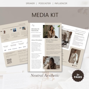 Canva-sjabloon voor podcast- en speakermediakit met neutrale esthetische uitstraling, ideaal voor coaches en influencermarketing, spreker op één vel