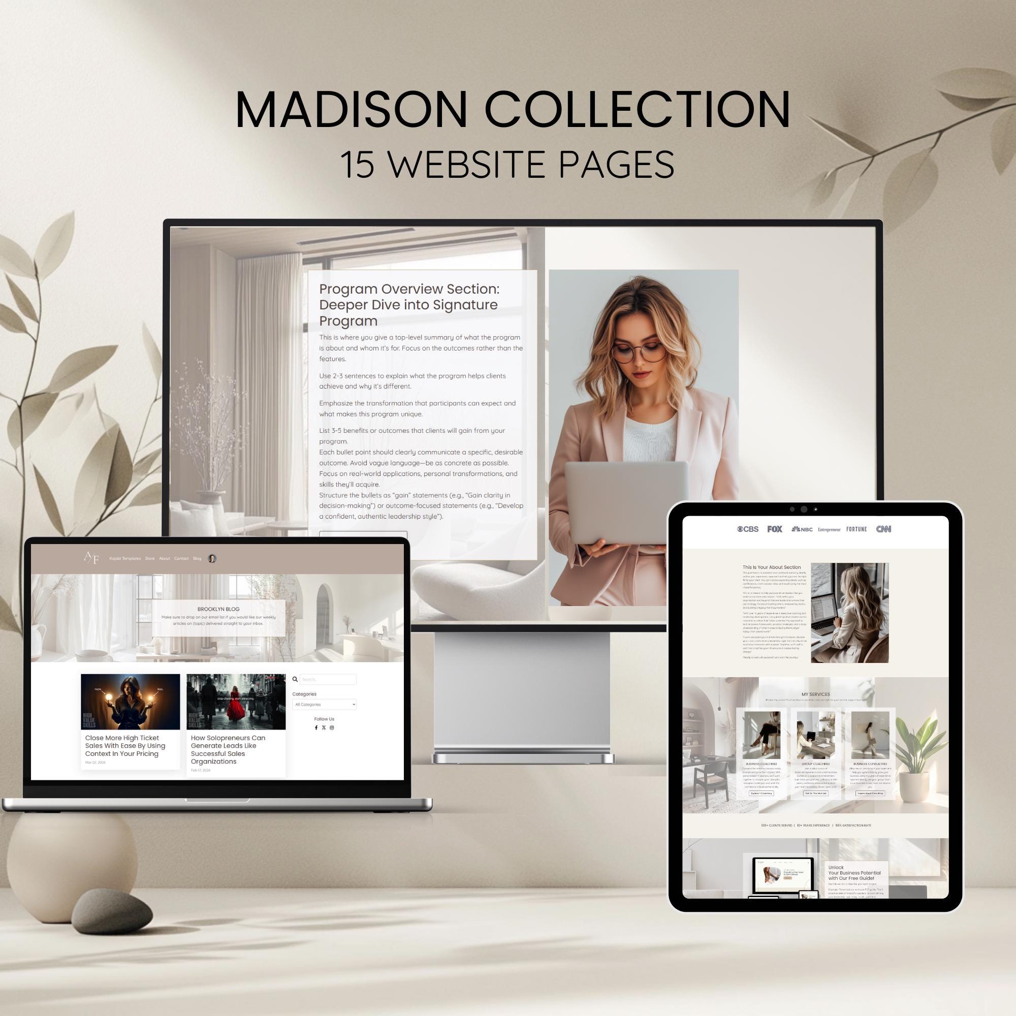 Neutral Aesthetic Kajabi Website Template Theme 15 DFY Page Kajabi