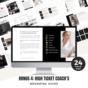 Mockup of a high ticket coach branding guide displayed on a computer screen with brand strategy and marketing templates.
