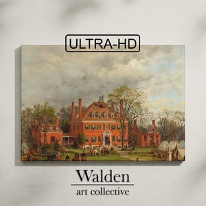 May include: A painting depicting a large red brick house with white trim and a green roof. The house is surrounded by trees and a grassy lawn. There are people in the foreground, some on horseback. The painting is titled "Walden art collective".