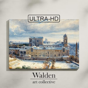 Winter City | DOWNLOADABLE PRINTABLE wall art | Santa Trinità dei Monti in the Snow | 300 DPI ultra hd painting in cool bright coloring