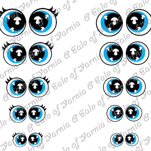 May include: Set of ten cartoon eyes with black pupils, white sclera, blue irises, and white mushroom designs. The eyes are in various sizes.