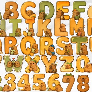Puede incluir: Un conjunto digital de alfabeto y números con capibaras de dibujos animados integrados en cada letra de la A a la Z y dígitos del 0 al 9. Los caracteres están representados en tonos naranja y verde oliva con un efecto de borde cosido.