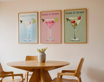 Láminas artísticas de trío de Martini navideño: decoración festiva para carritos de bar (descarga digital)