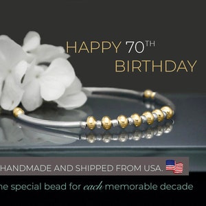 70th Birthday Beaded Bracelet: Sterling Silver & Gold, Milestone Gift